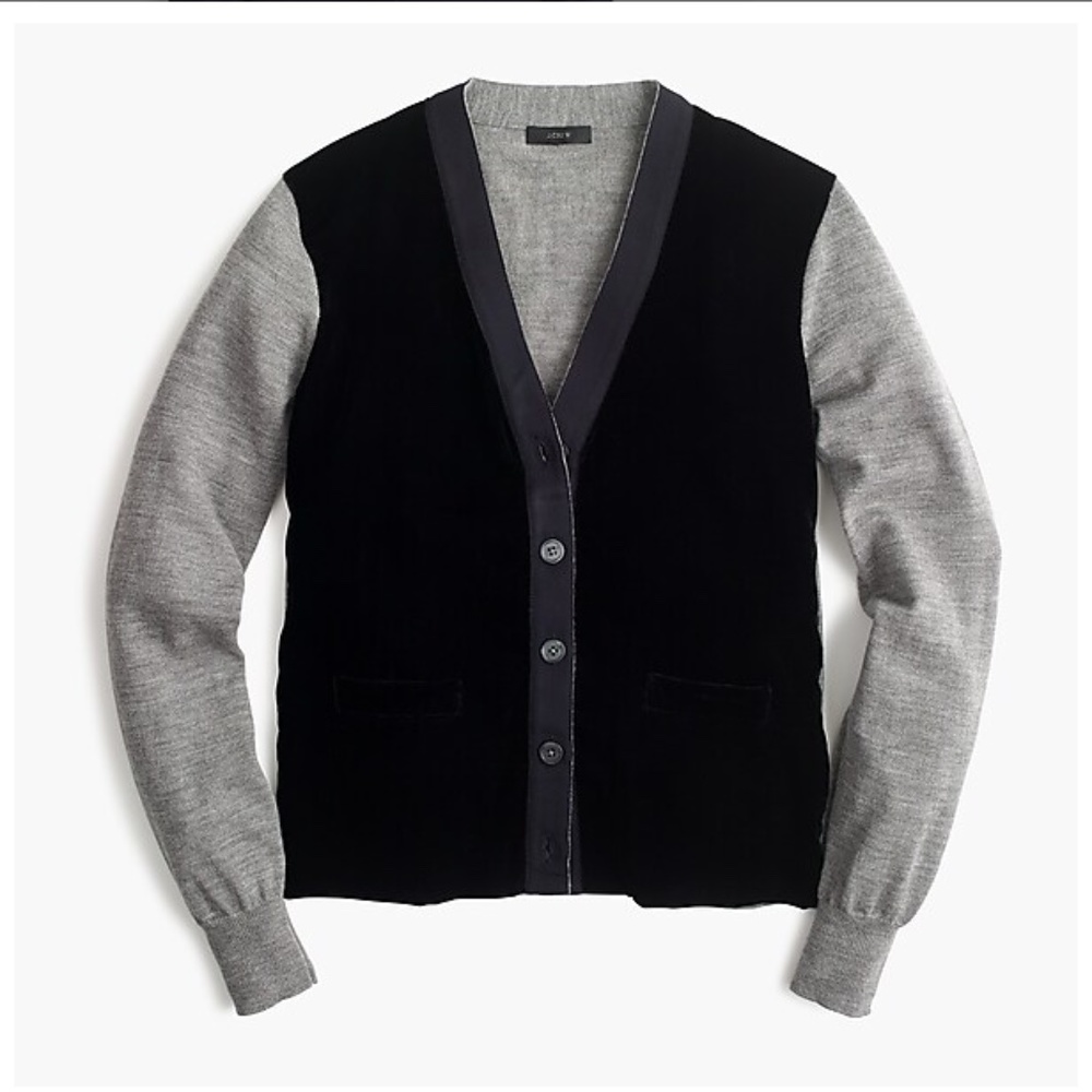 J. Crew Black and Gray Velvet-Front Cardigan